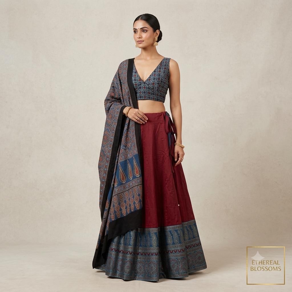 Modal Silk Ajrakh Lehenga Choli with Mirror Work