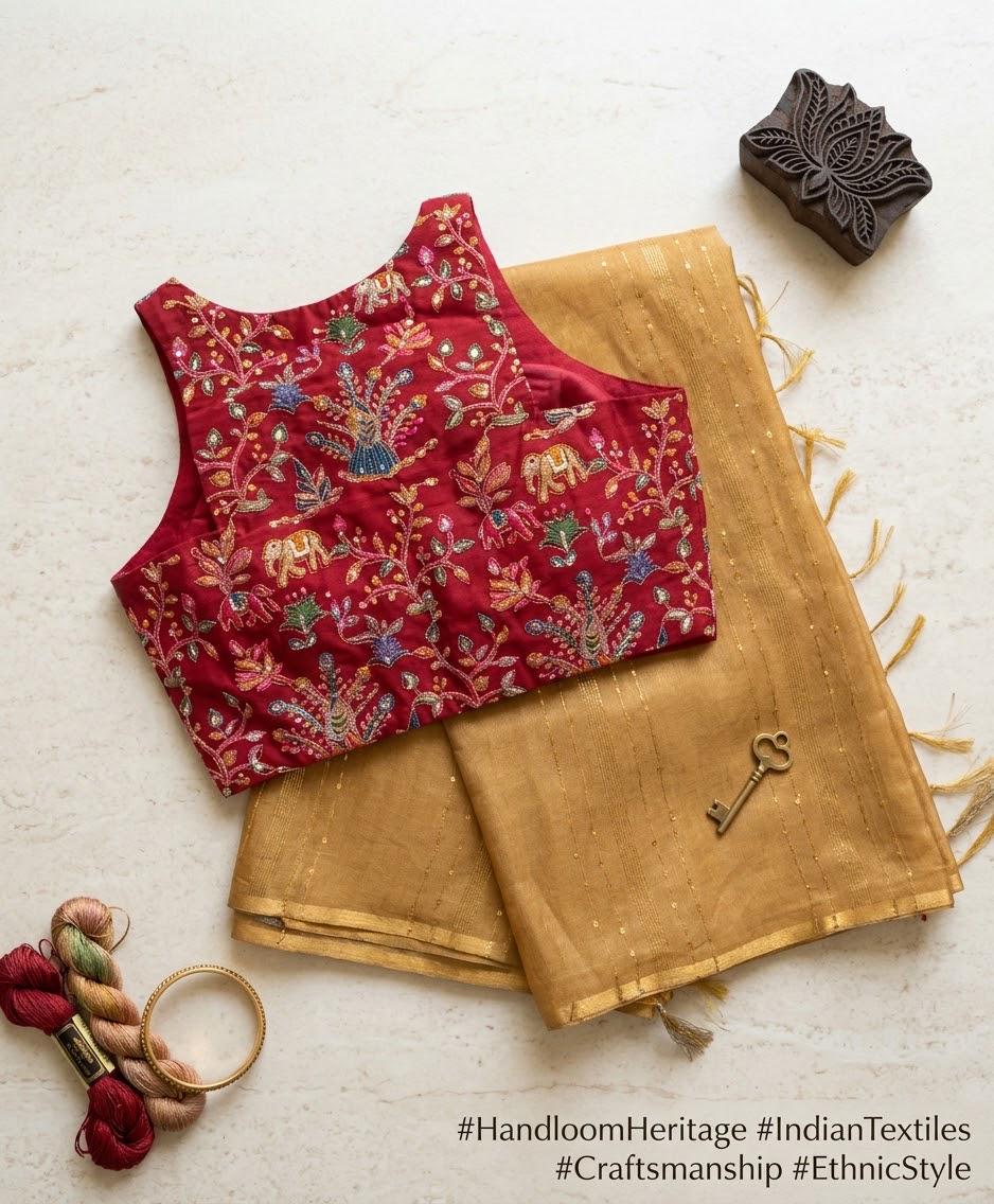 Gold Colour Cotton Silk Saree & Blouse Combo
