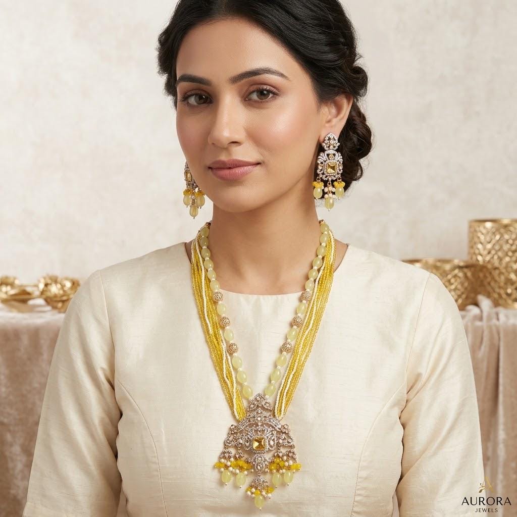 Yellow & White Pearl Statement Kundan Necklace Set