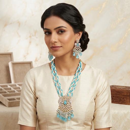 Blue & White Pearl Statement Kundan Necklace Set