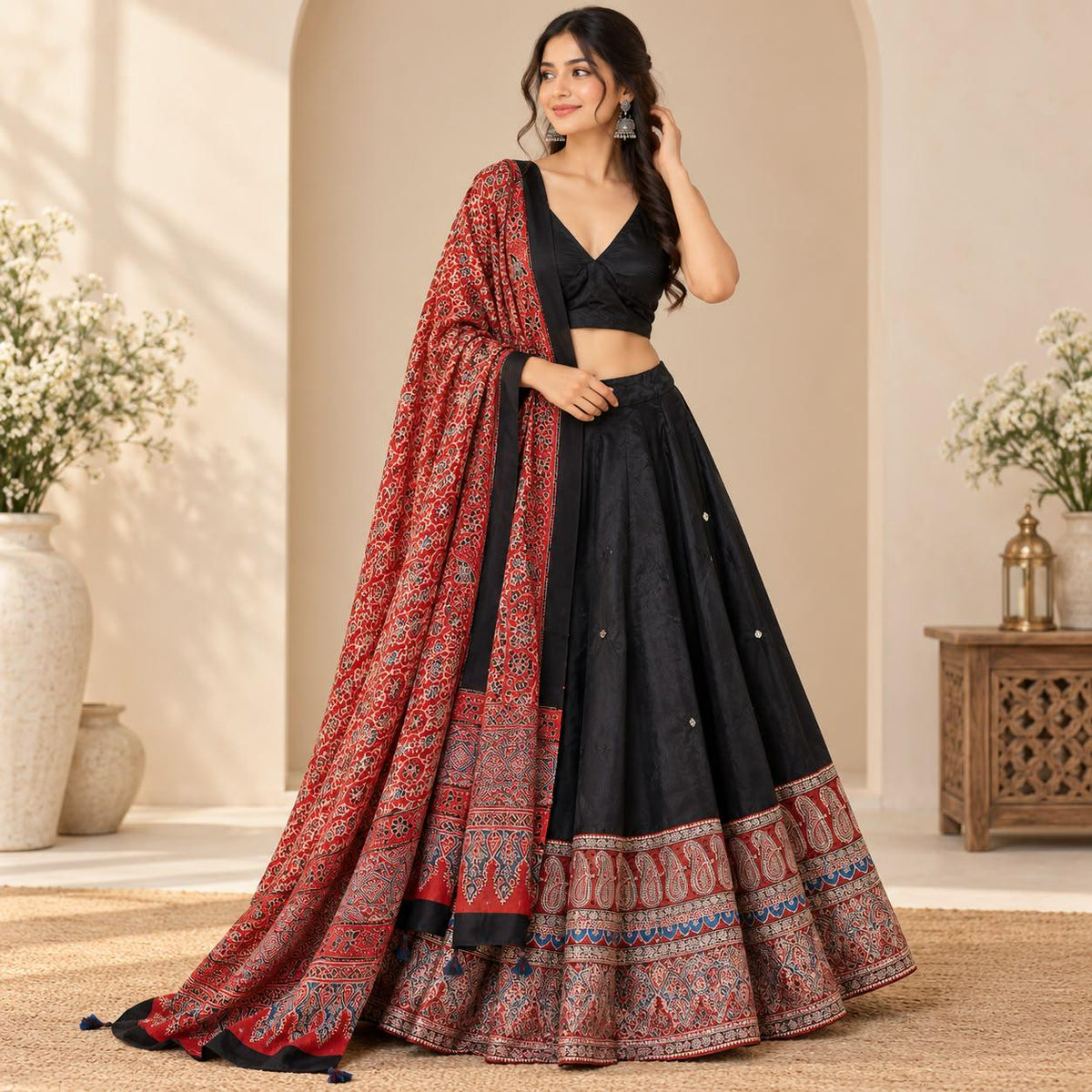 Modal Silk Ajrakh Lehenga Choli with Mirror Work