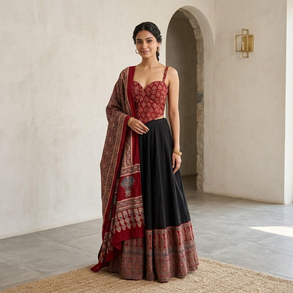 Pure Cotton Ajrakh Lehenga Choli Set, Navratri Lehenga.