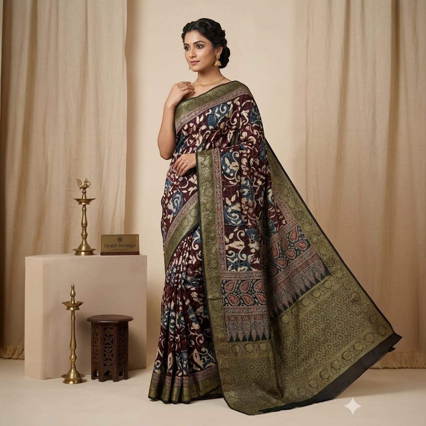 Manishaa's Boutique Black Dola Silk Ajrakh Saree with Antique Zari Border and woven motifs.