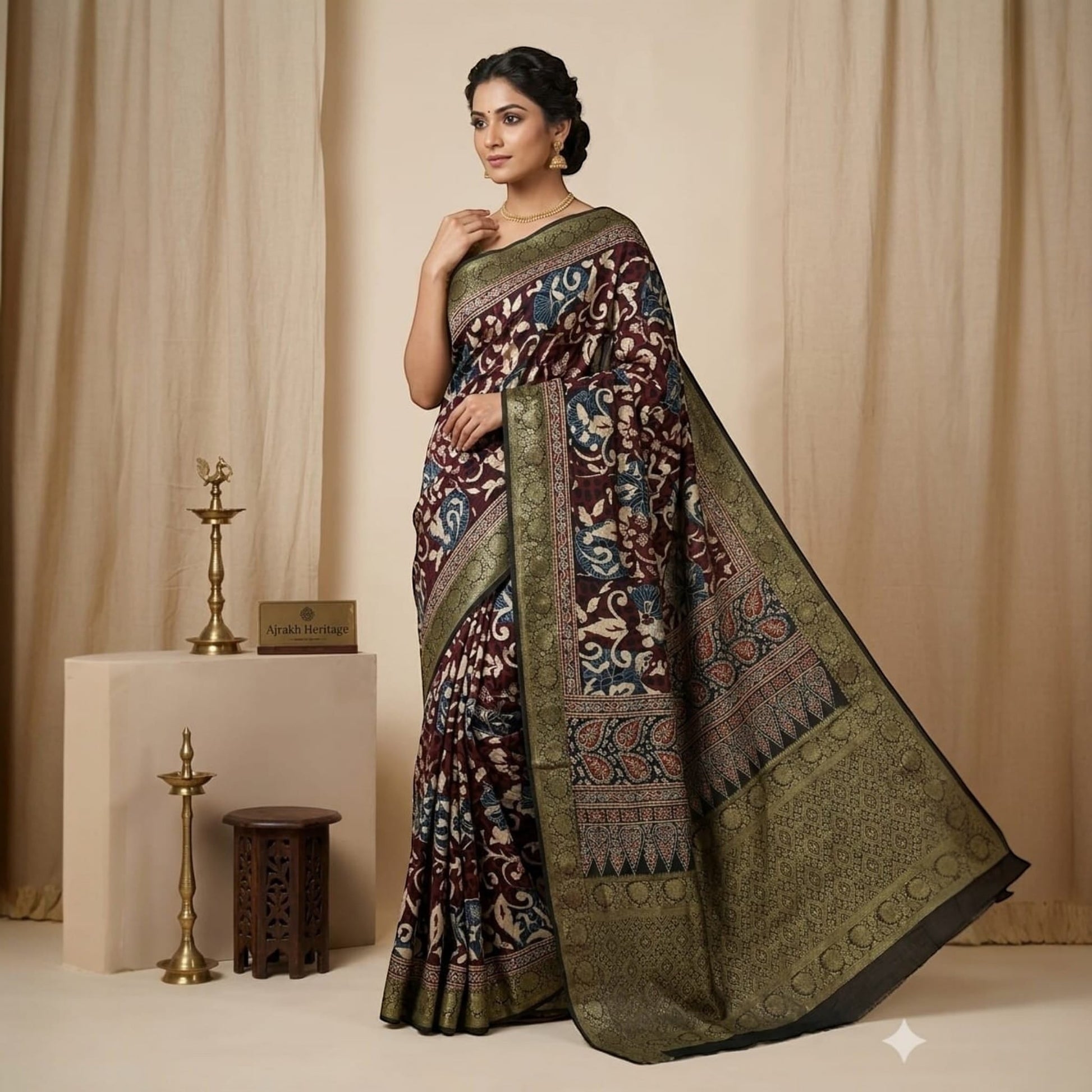 Manishaa's Boutique Black Dola Silk Ajrakh Saree with Antique Zari Border and woven motifs.