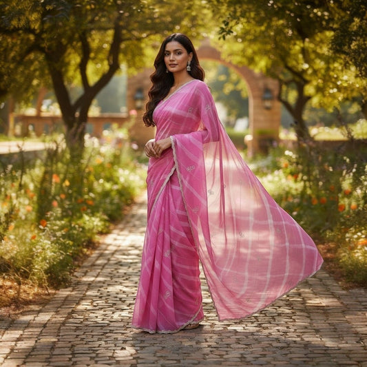 Manishaa's Boutique pink organza saree with silver thread embroidery and cut dana border. Model is outdoors.