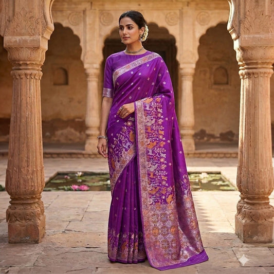 Manishaa's Boutique purple Dola silk saree with elephant motif border and gold accents, ready to drape.