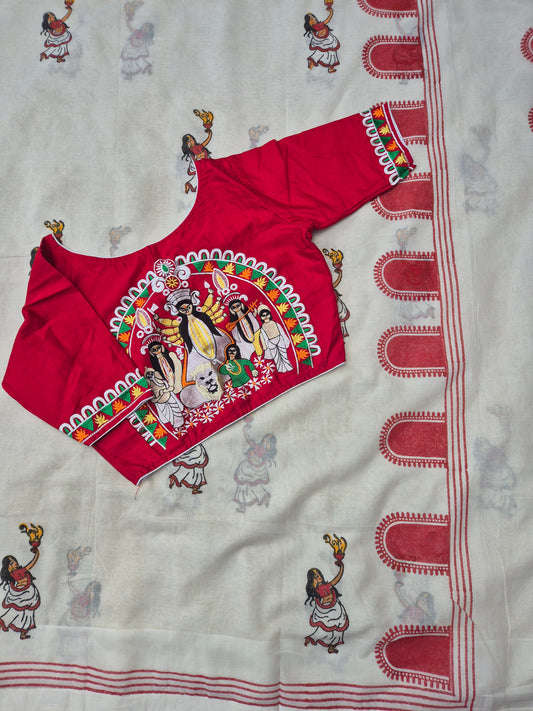 Durga Puja Special Handloom Saree with Durga Embroidered Blouse