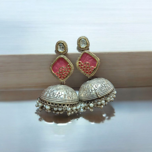 Aarohi | Silver Fusion Jhumkas with Pink MOP Enamel