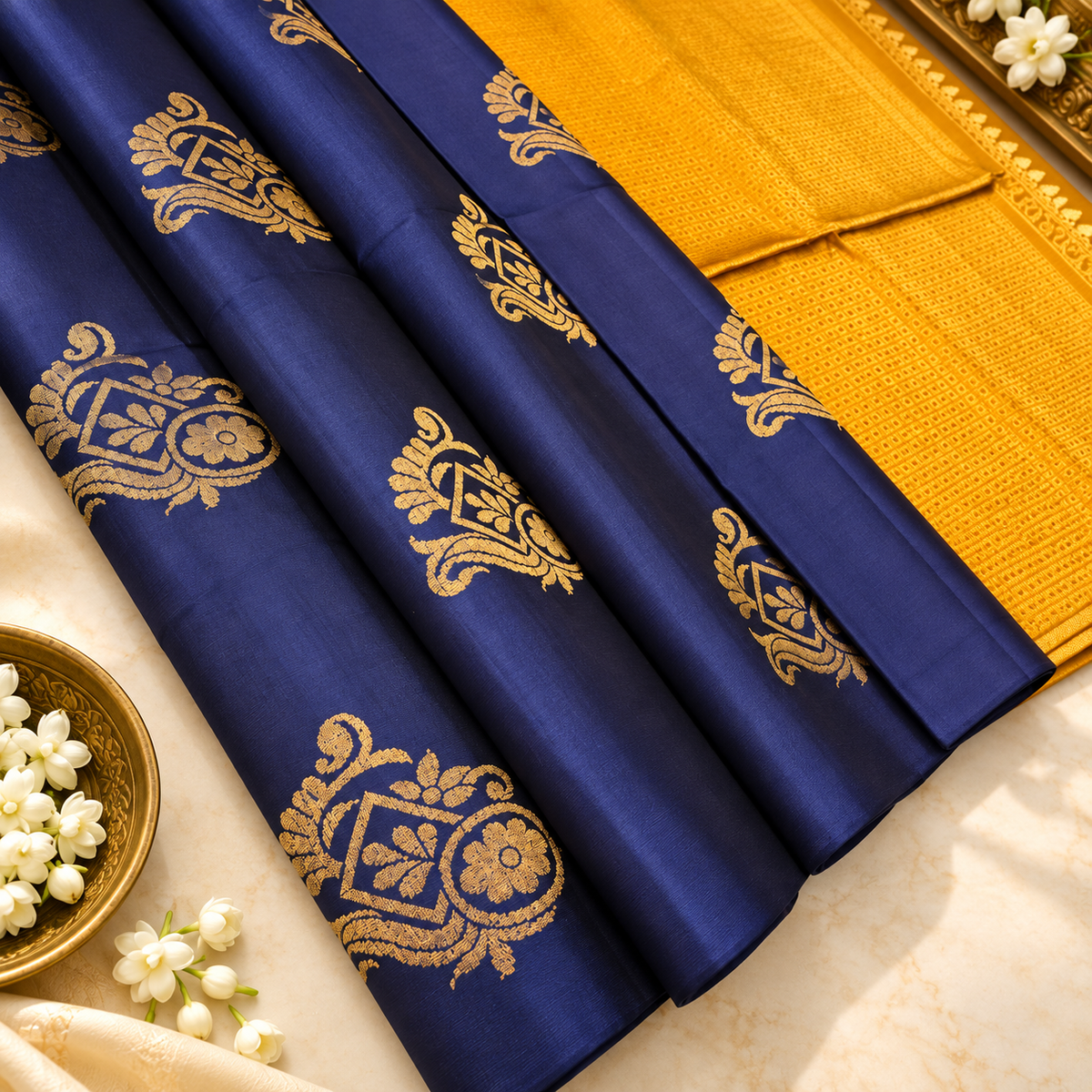Navy Blue Pure Silk Mark Saree With Contrast Pallu