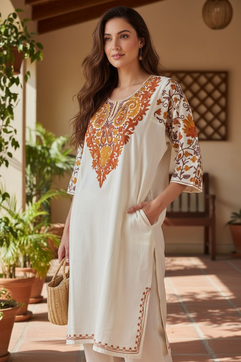 Kashmiri Embroidered Pehran – Ivory