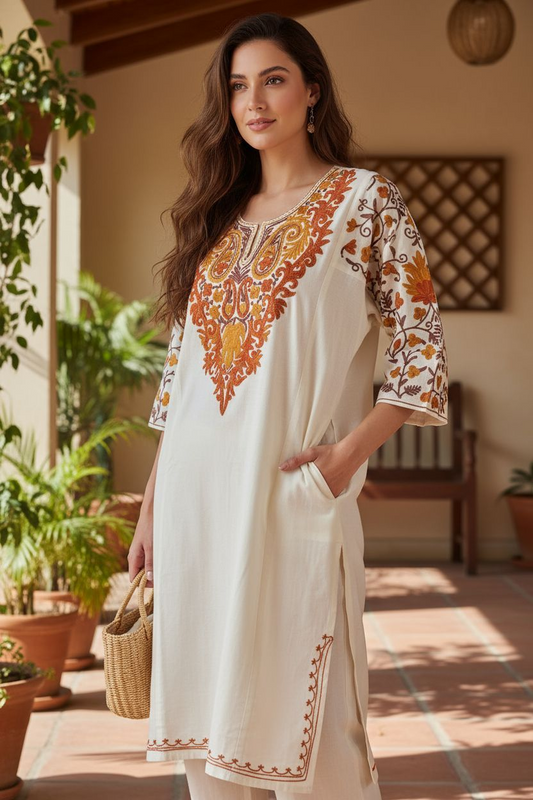 Kashmiri Embroidered Pehran – Ivory