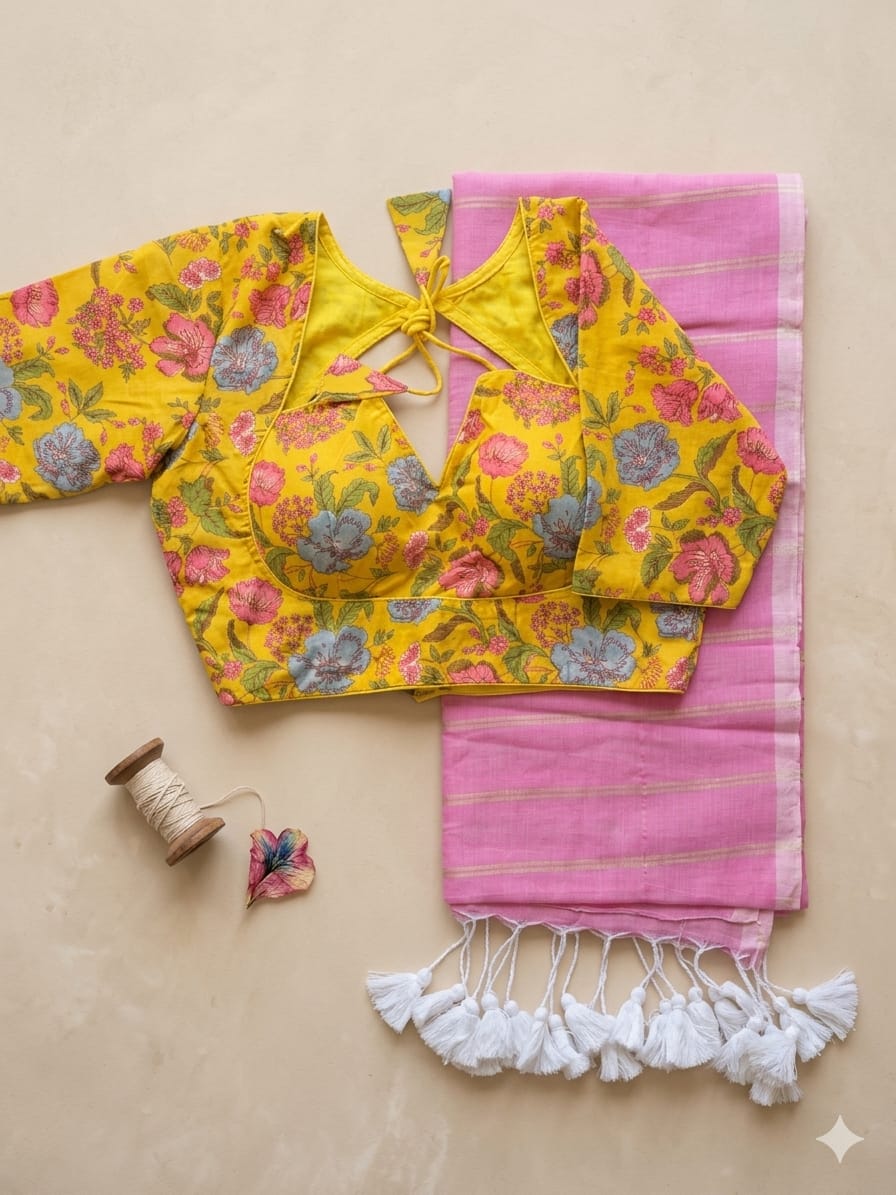 Pure Mul Cotton Saree Blouse - Yellow & Pink