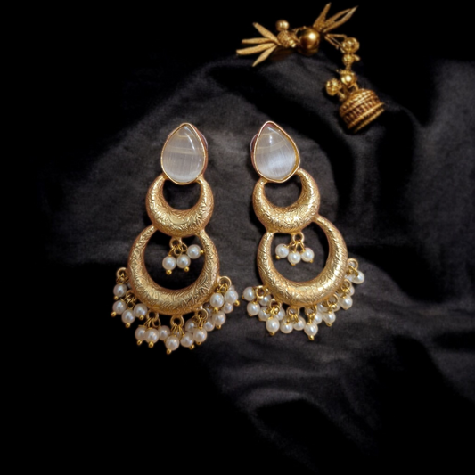 Pearl Drop Engraved Chandbali Earrings